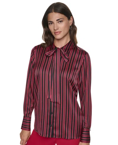 Dkny Petite Striped Collared Long-sleeve Blouse In Red