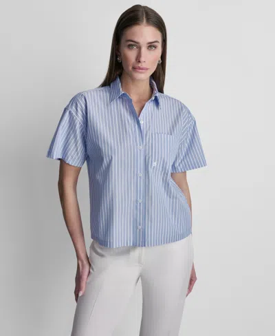 Dkny Petite Striped Short-sleeve Shirt In Blue