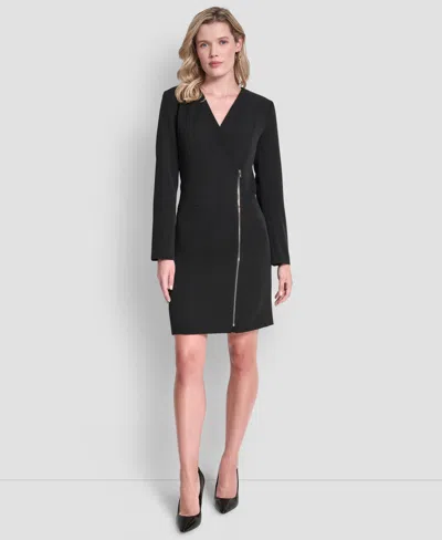 Dkny Petite Surpliceâ Neck Long-sleeve Dress In Black