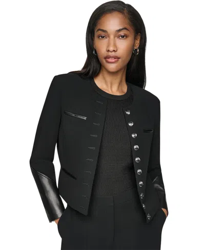 Dkny Petite Textured Crepe 10-button Pocket Jacket In Black