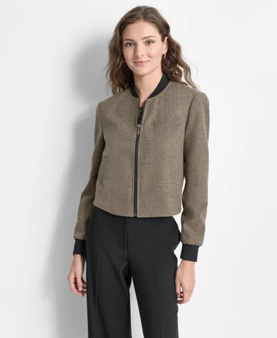 Dkny Petite Tweed Zip-front Bomber Jacket In Gray