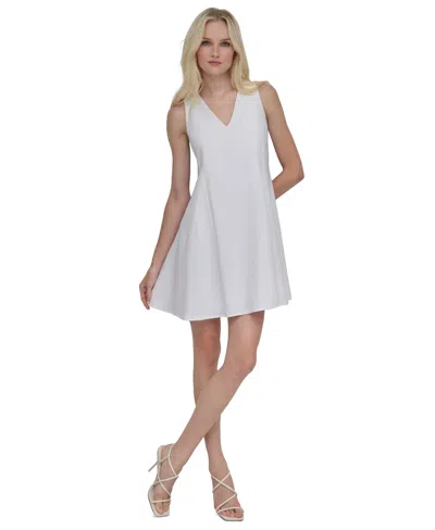 Dkny Petite V-neck Mini A-line Dress In Cream