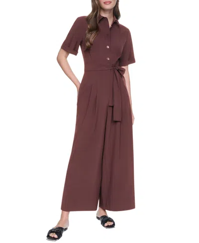 Dkny Petite Wide-leg Short-sleeve Collared Jumpsuit In Brown