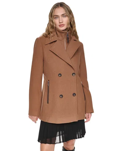 Dkny Petite Wool-blend Double-breasted Long-sleeve Peacoat In Brown