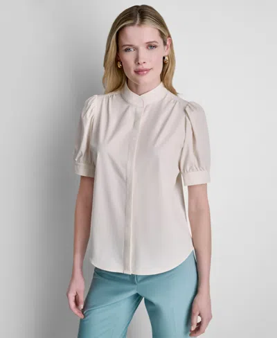 Dkny Petite Woven Mandarin Collar Blouse In Neutral