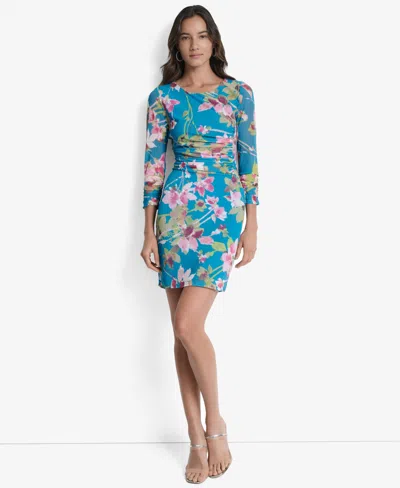 Dkny Petites Printed Ruched 3/4-sleeve Bodycon Dress In Blue