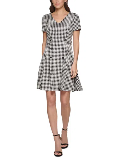 Dkny Petites Womens Checkered Gingham Fit & Flare Dress In White