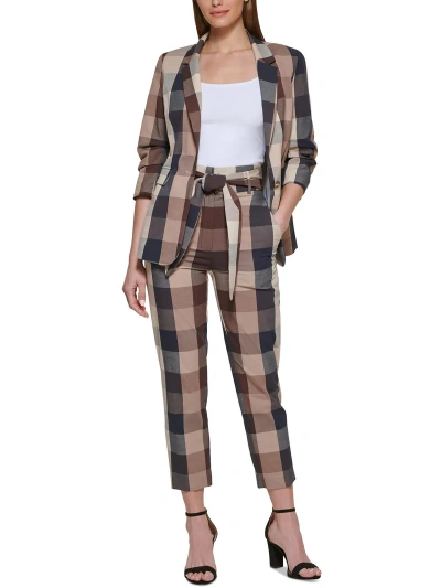 Dkny Petites Womens Checkered Ruched Sleeve One-button Blazer In Brown