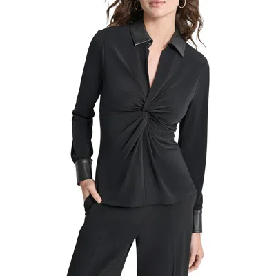 Dkny Petites Womens Gathered Polyester Polo Top In Black