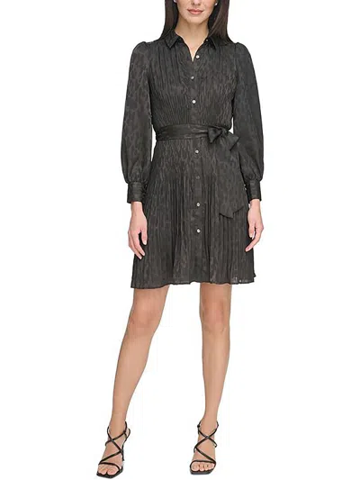Dkny Petites Womens Jacquard Paint Brush Print Shirtdress In Black