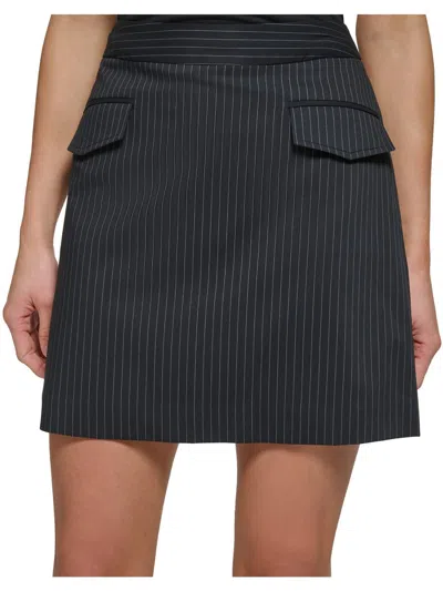 Dkny Petites Womens Mini Pinstripe A-line Skirt In Black