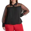 Dkny Plus Size Collared Mixed-media Illusion Blouse In Black