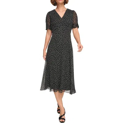 Dkny Petites Womens Polka Dot Chiffon Midi Dress In Black,ivory
