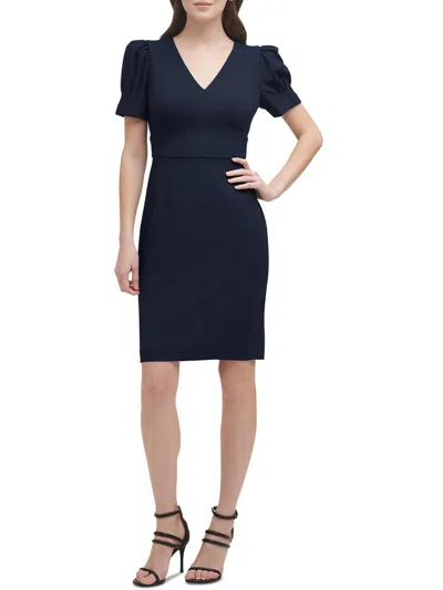 Dkny Petites Womens Puff Sleeve Mini Sheath Dress In Blue