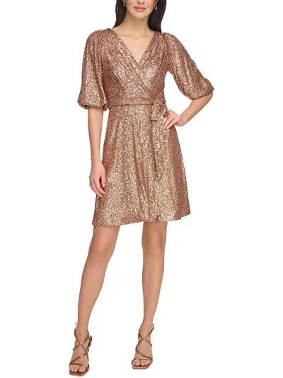 Dkny Petites Womens Surplice Above Knee Fit & Flare Dress In Grey