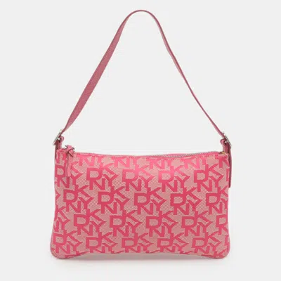 Pre-owned Dkny Pink Signature Canvas And Lizard Embossed Leather Shoulder Bag
