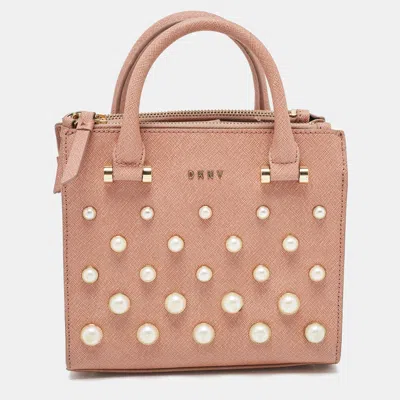 Pre-owned Dkny Pink Textured Leather Pearl Embellished Double Zip Tote