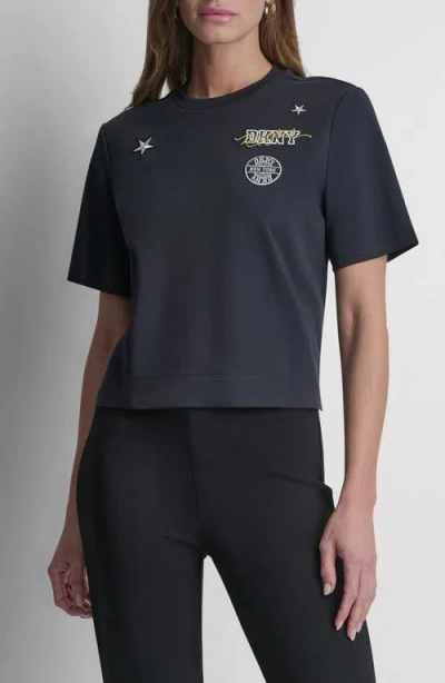 Dkny Pins & Patches Crop Cotton T-shirt In Blue