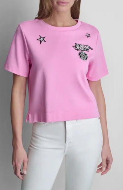 Dkny Pins & Patches Crop Cotton T-shirt In Pink