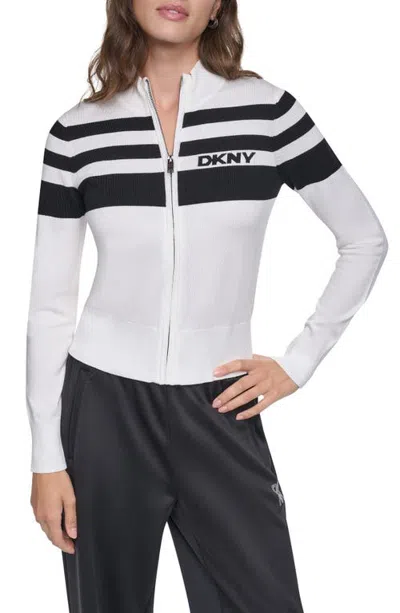 Dkny Placed Stripe Cotton Blend Zip Cardigan In White