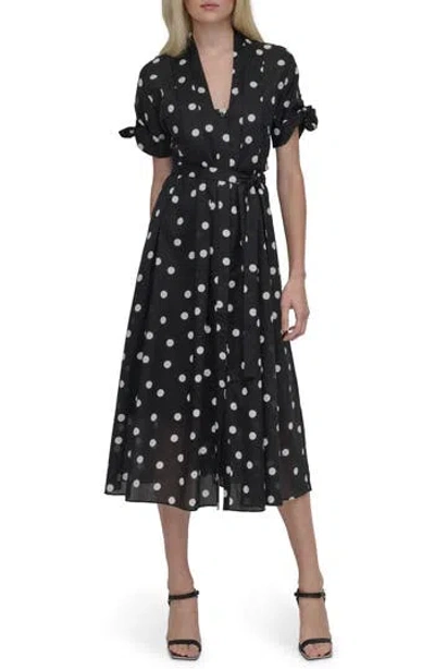 Dkny Pleated Fit & Flare Midi Dress In Black/ivory