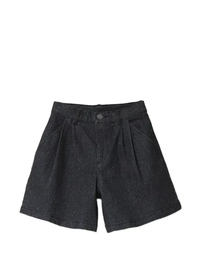 Dkny Kids' Pleated Glitter-effect Denim Shorts In Black