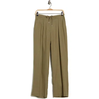 Dkny Pleated Linen Drawstring Wide Leg Pants In Green