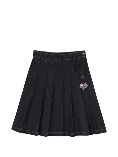 Dkny Kids' Pleated Logo-patch Denim Skirt In Blue
