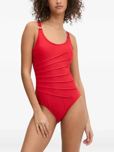 Dkny Pleated Ring-detail Swimsuit In Red