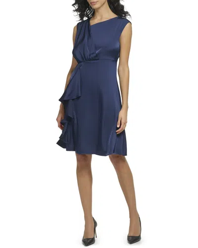 Dkny Pleated Ruffle Fit And Flare Dress In Blue