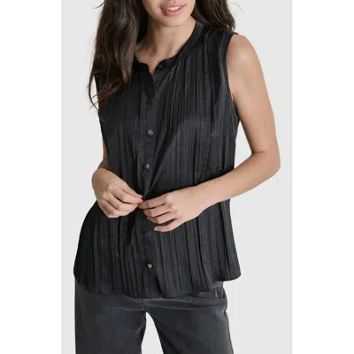 Dkny Pleated Sleeveless Button-up Shirt In Black