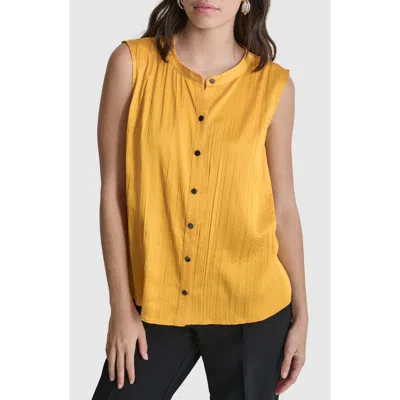 Dkny Pleated Sleeveless Button-up Shirt In Goldenrod