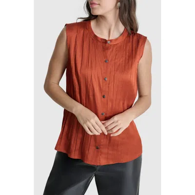 Dkny Pleated Sleeveless Button-up Shirt In Russet