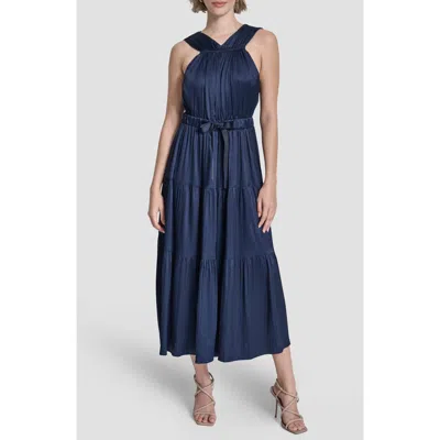 Dkny Pleated Tie Waist Satin Midi Dress In Blue