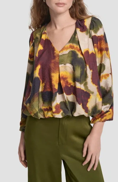 Dkny Womens Long Sleeve Rumpled Voile Printe Blouse Glazed High Rise Seamed Cuff Wide Leg Pants In Multi
