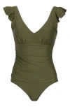 Dkny Plunge Neck Ruffle One-piece Bikini In Green