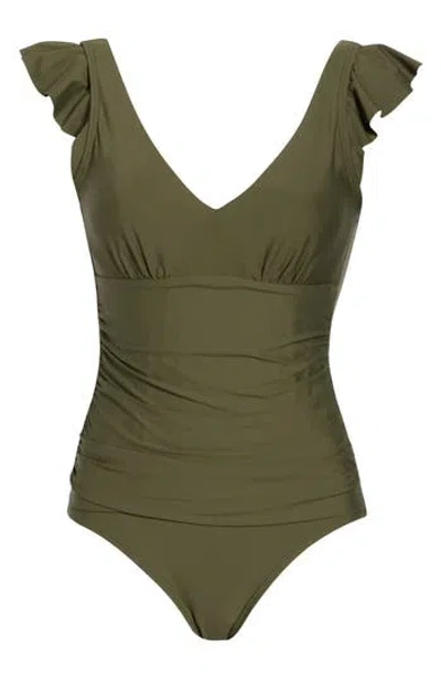 Dkny Plunge Neck Ruffle One-piece Bikini In Green