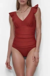 Dkny Plunge Neck Ruffle One-piece Bikini In Sunset