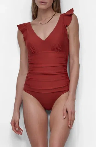 Dkny Plunge Neck Ruffle One-piece Bikini In Sunset