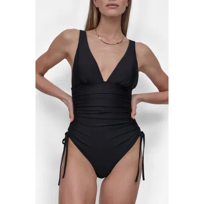 Dkny Plunge Neck Side Ruched One-piece Swimsuit In Black