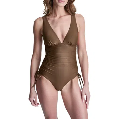 Dkny Plunge One-piece Swimsuit In Brown