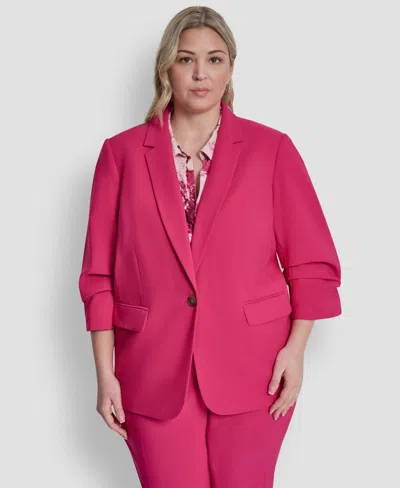 Dkny Plus Size 1-button Ruched-sleeve Blazer In Pink