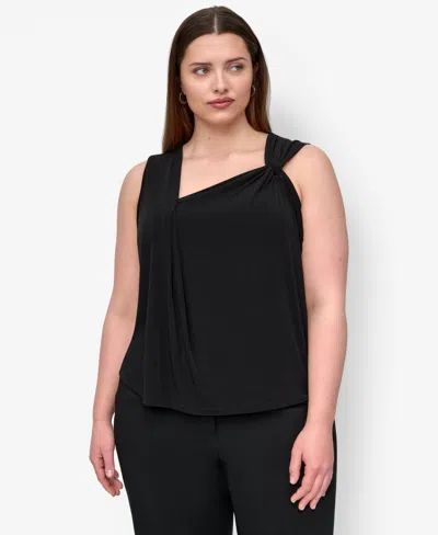 Dkny Plus Size Asymmetric Sleeveless Knit Top In Black