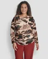 Dkny Plus Size Asymmetrical Neck Side Ruched Long Sleeve Top In Brown