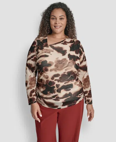 Dkny Plus Size Asymmetrical Neck Side Ruched Long Sleeve Top In Brown