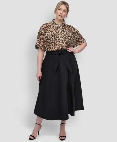 Dkny Plus Size Belted A-line Midi Skirt In Black