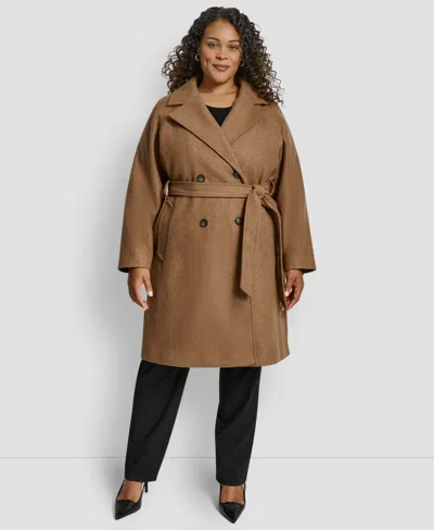 Dkny Plus Size Belted Notch Collar Coat In Brown