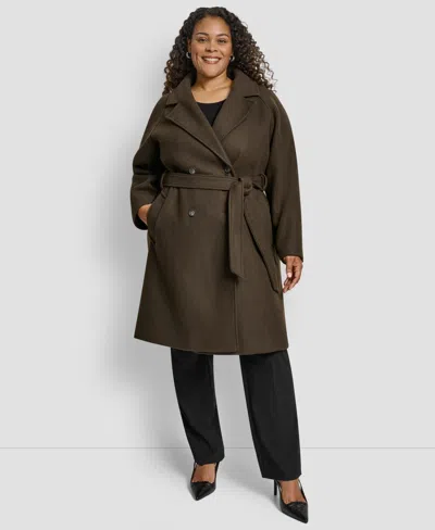 Dkny Plus Size Belted Notch Collar Coat In Green