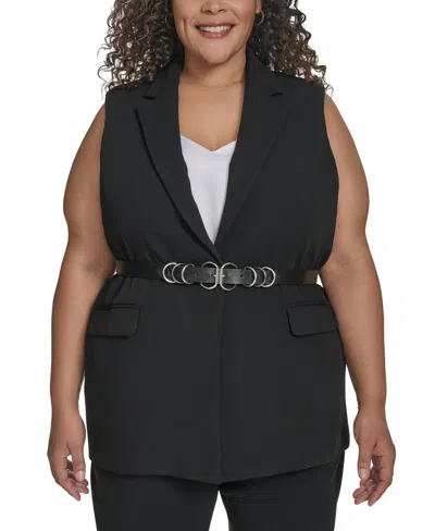 Dkny Plus Size Belted Notched-collar Crepe Vest In Black