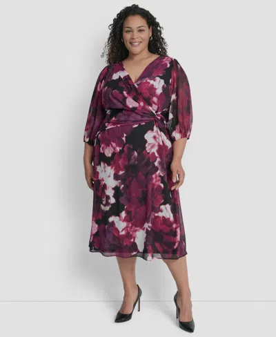 Dkny Plus Size Bubble Sleeve Surplice Neck Front Knot Midi Dress In Purple